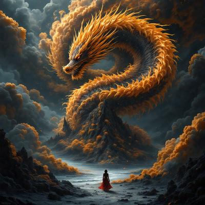 Primary subject: A woman standing in front of a large, colorful dragon.

Setting/background: The woman is standing on a rocky surface, with a mountain in the background.

Visual style: The image is a digital art or illustration, featuring a vibrant and detailed dragon.

Colors and mood: The colors are predominantly orange and red, creating a warm and lively atmosphere.